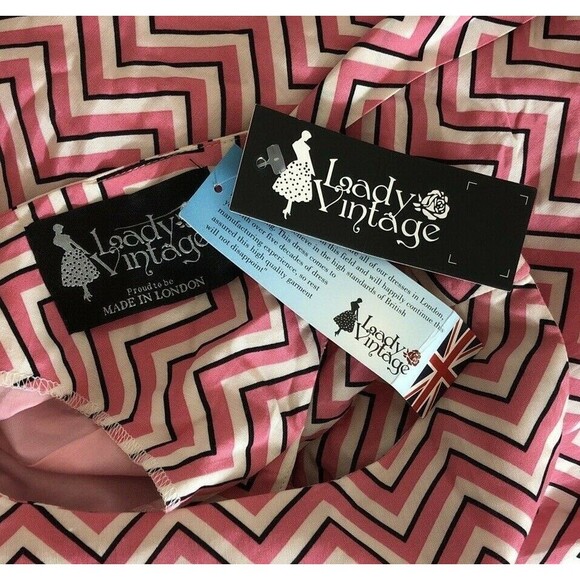 NWT Lady Vintage London Tea Dress M Cerise Chevron Stripe 50s Style Retro - Picture 6 of 8